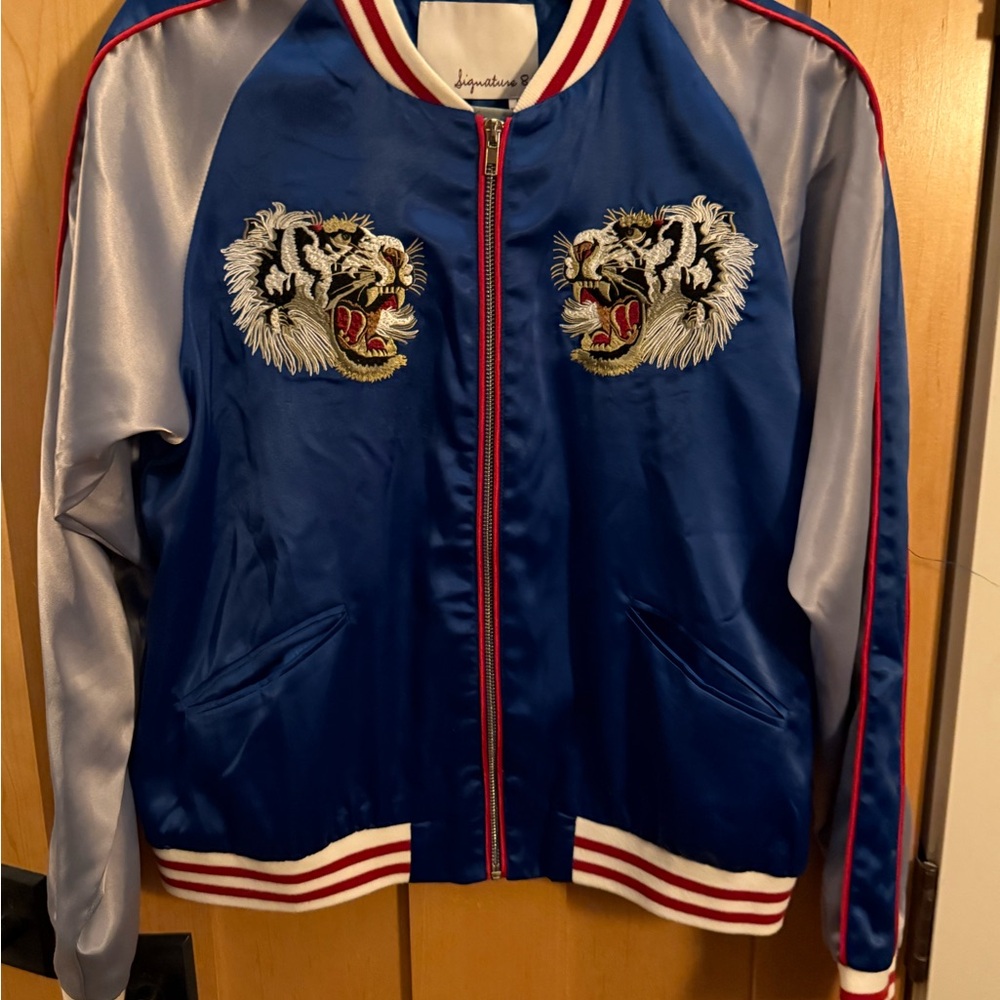 Signature8 Royal Blue Satin Jacket with Embroidered Tigers